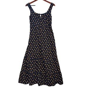 Cynthia Rowley Black Tan Polka Dot Tiered Midi Dress Smocked Back Size 8 NWT